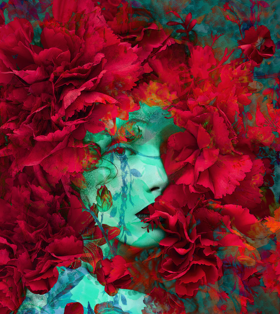 A woman with vibrant red flowers woven into her hair.